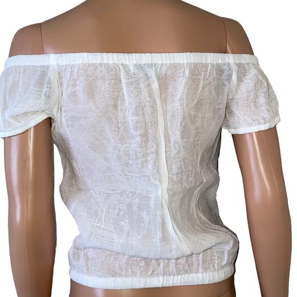 Bebe brand top semi sheer off the shoulder white cropped SZ S/P blouse gauzy - Picture 4 of 8